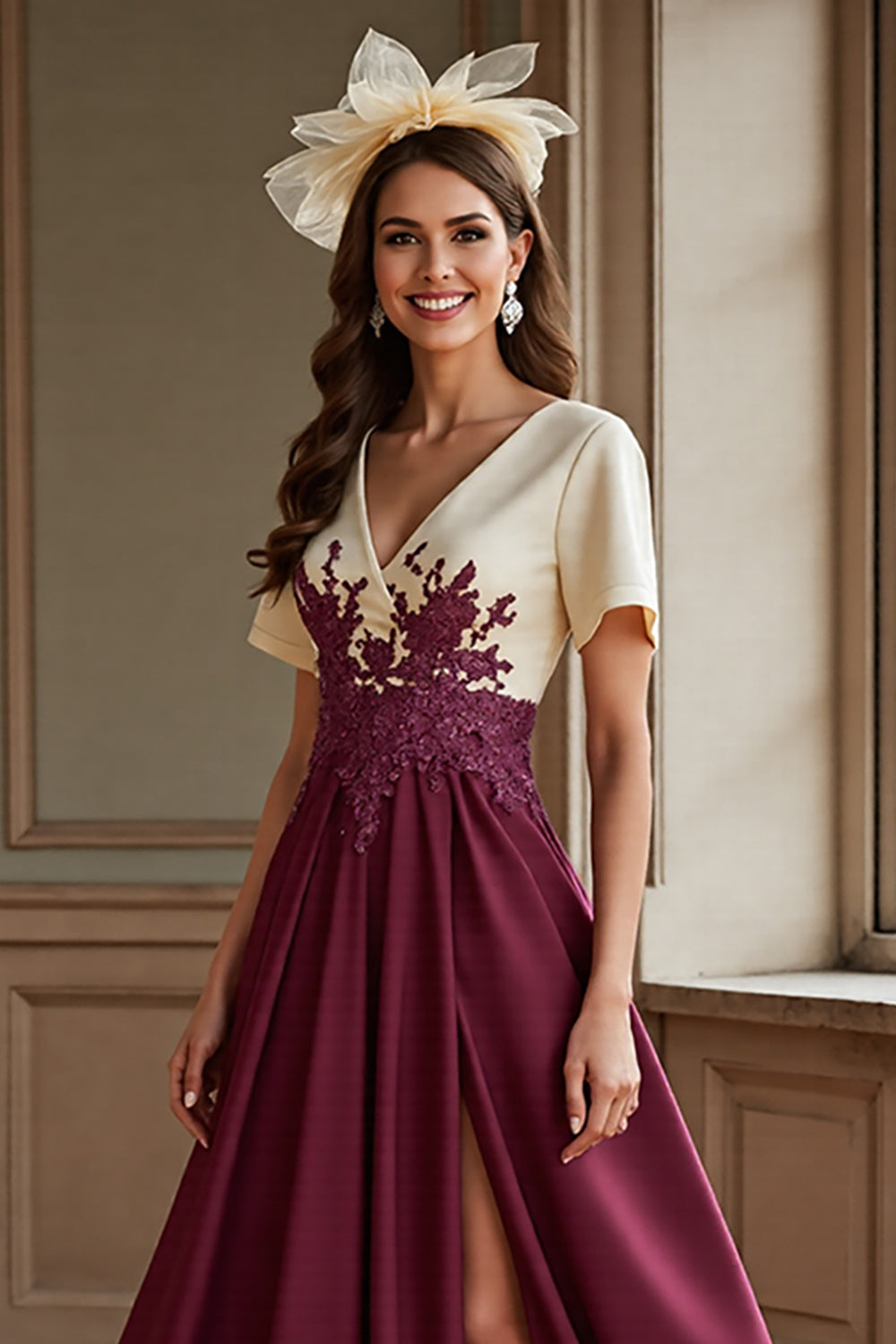Burgundy Appliqued A Line Mother Of The Bride Dress With Slit