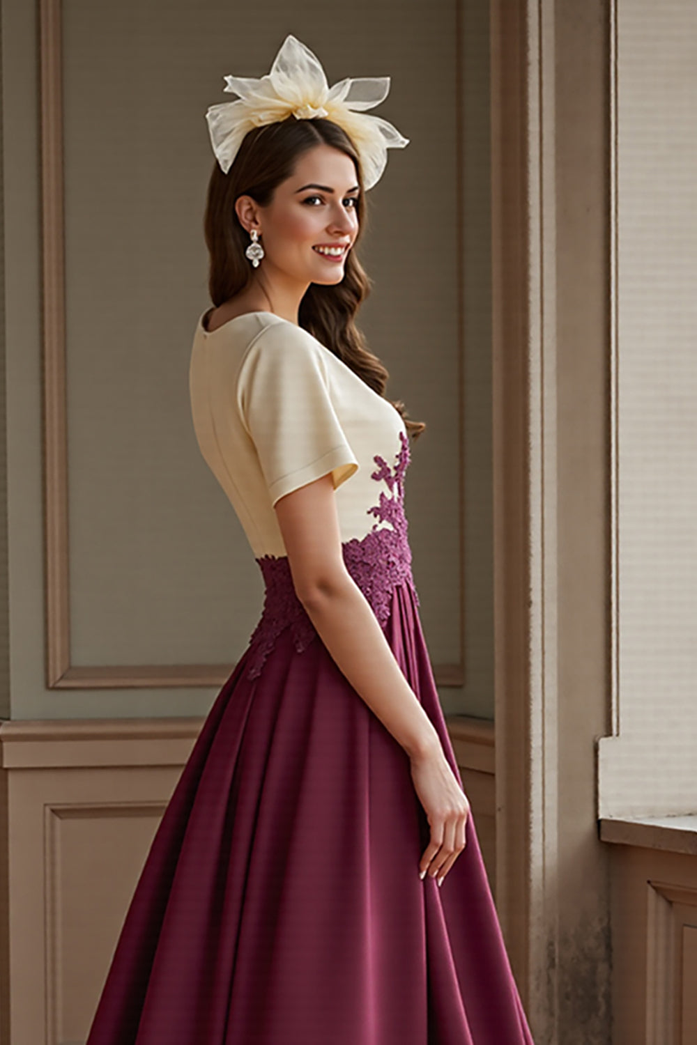 Burgundy Appliqued A Line Mother Of The Bride Dress With Slit