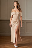 Apricot Off The Shoulder Ruched Mother Of The Bride Dress With Slit