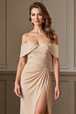 Apricot Off The Shoulder Ruched Mother Of The Bride Dress With Slit