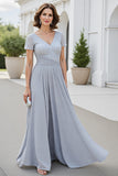 Sparkly Silver V Neck A Line Mother Of The Bride Dress