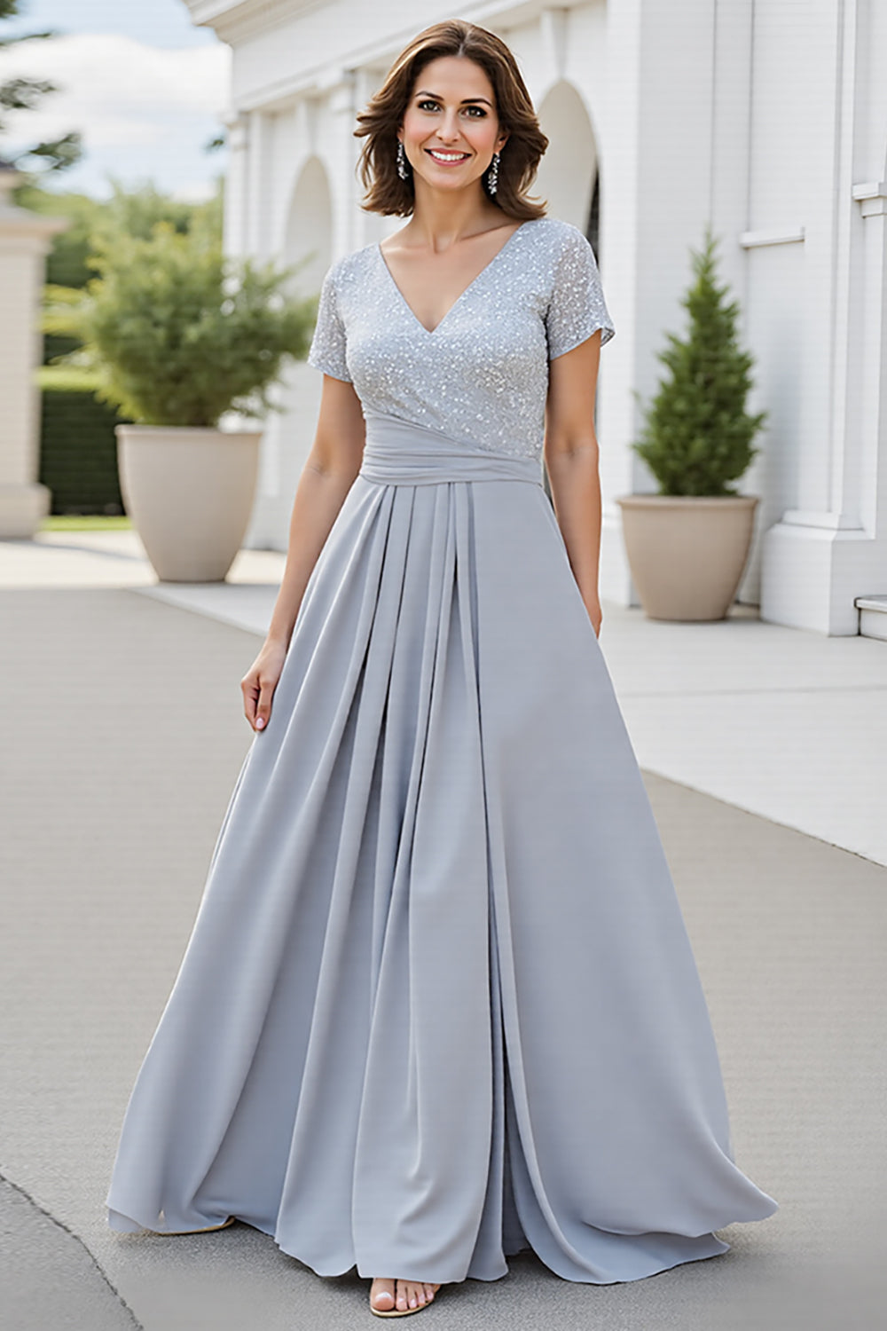 Sparkly Silver V Neck A Line Mother Of The Bride Dress