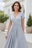 Sparkly Silver V Neck A Line Mother Of The Bride Dress