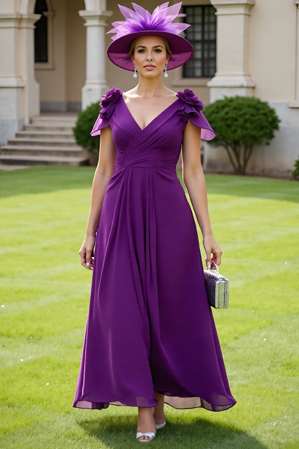 Grape A Line Mother Of The Bride Dress With 3D Flowers