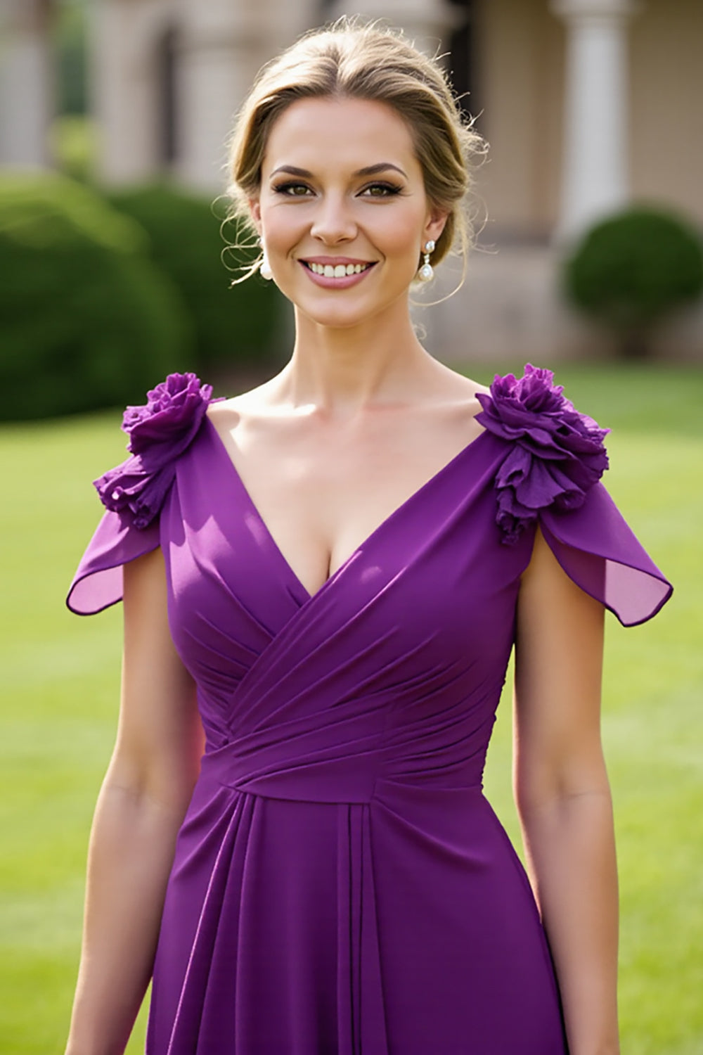 Grape A Line Mother Of The Bride Dress With 3D Flowers