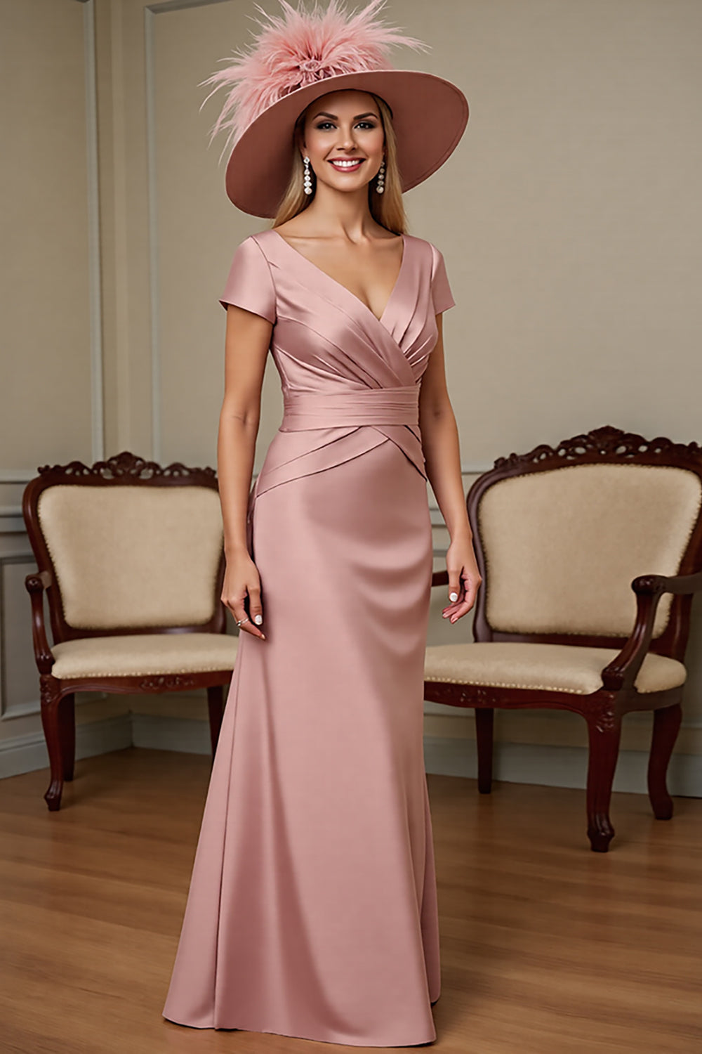 Dusty Rose Satin Sheath Mother Of The Bride Dress