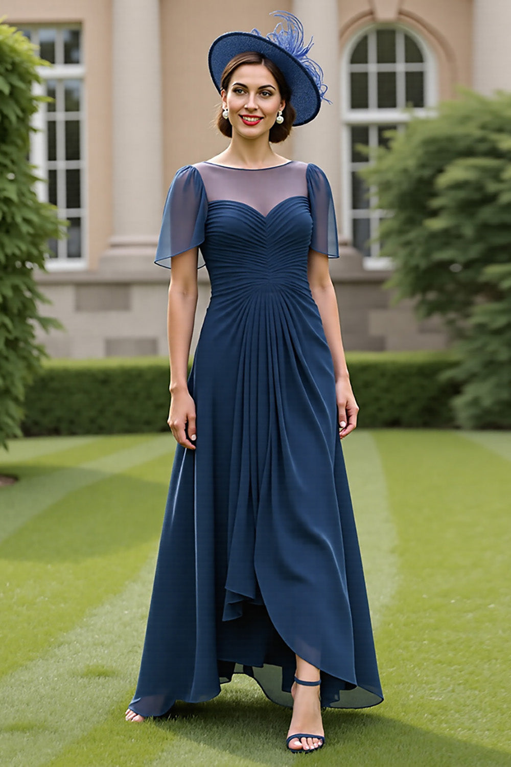 Navy Ruched A Line Mother Of The Bride Dress