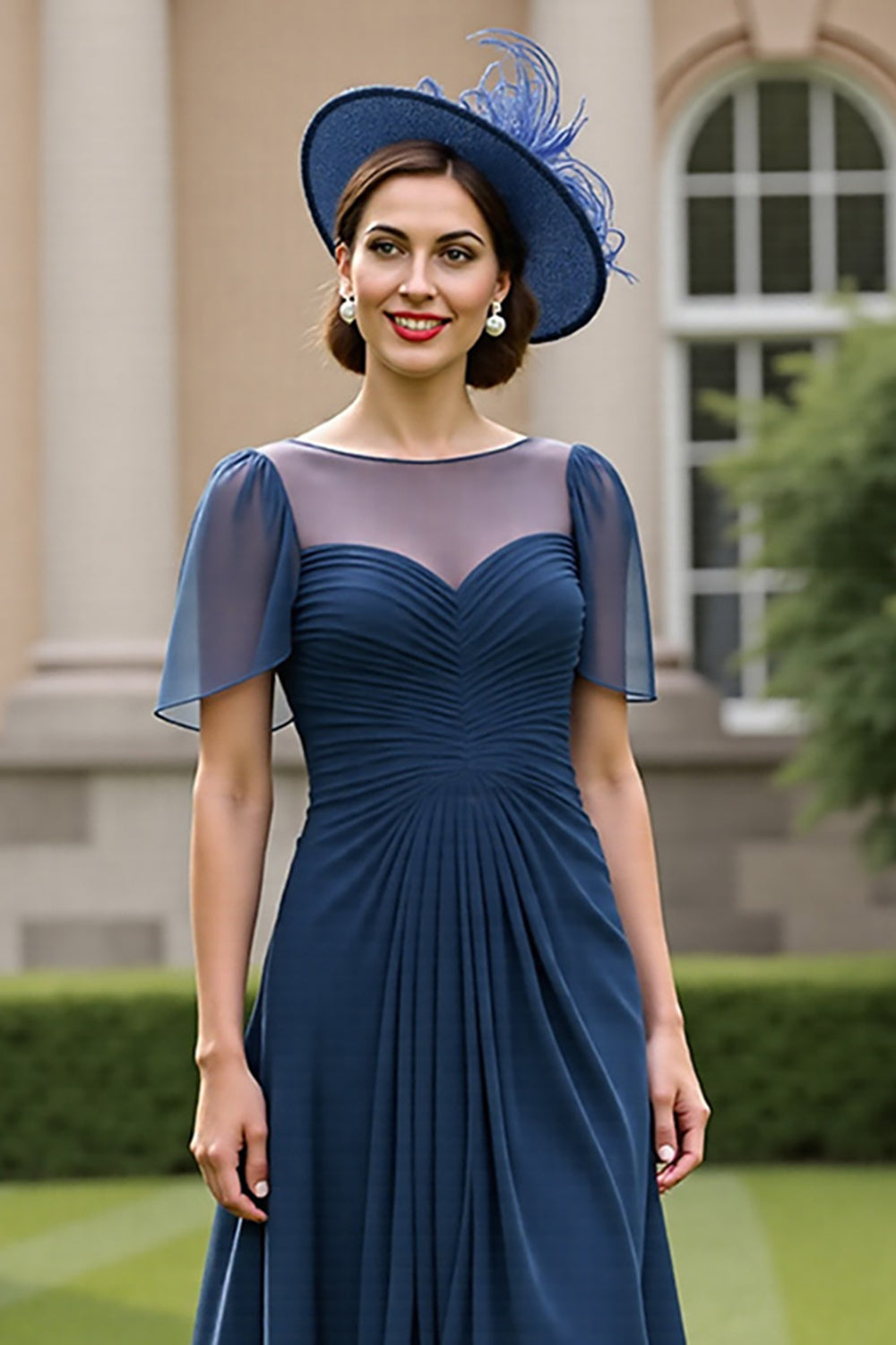 Navy Ruched A Line Mother Of The Bride Dress