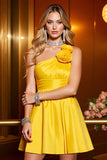 One Shoulder 3D Flower Yellow A Line Ruched Homecoming Dress