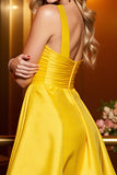 One Shoulder 3D Flower Yellow A Line Ruched Homecoming Dress