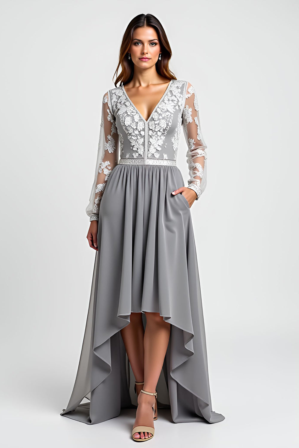 Long Sleeve Silver Asymmetrical Mother Of The Bride Dress With Appliques