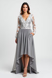 Long Sleeve Silver Asymmetrical Mother Of The Bride Dress With Appliques