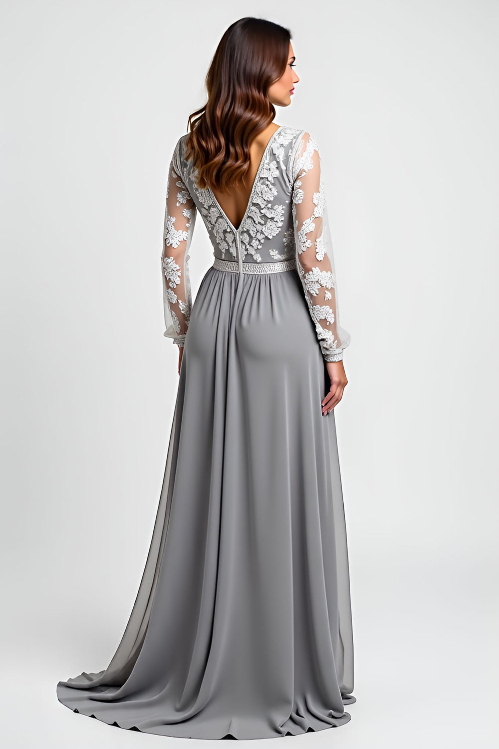 Long Sleeve Silver Asymmetrical Mother Of The Bride Dress With Appliques