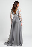 Long Sleeve Silver Asymmetrical Mother Of The Bride Dress With Appliques