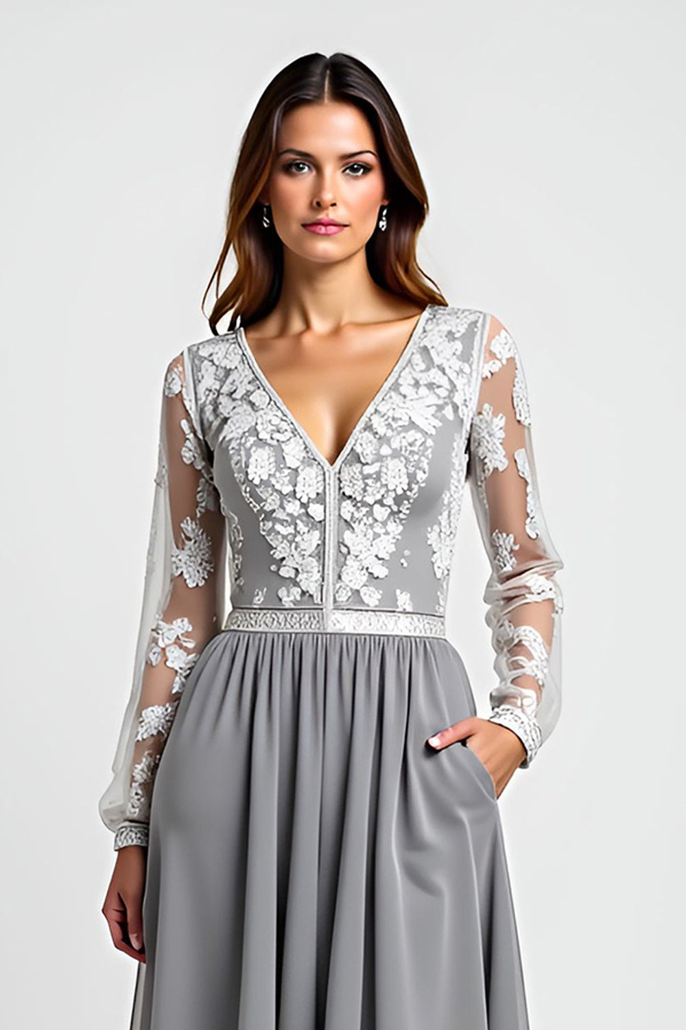 Long Sleeve Silver Asymmetrical Mother Of The Bride Dress With Appliques