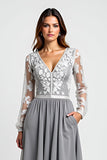 Long Sleeve Silver Asymmetrical Mother Of The Bride Dress With Appliques