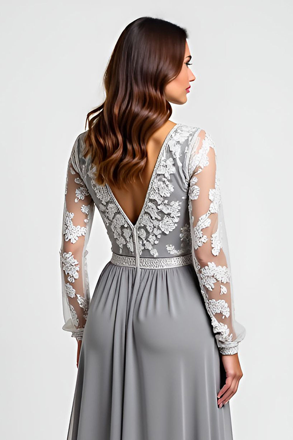 Long Sleeve Silver Asymmetrical Mother Of The Bride Dress With Appliques