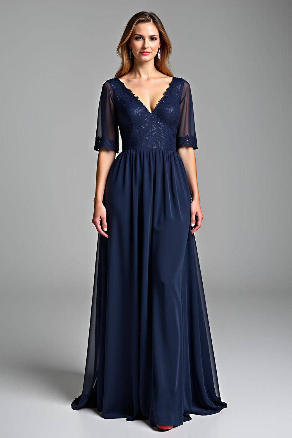 Navy A Line V Neck Long Mother Of The Bride Dress