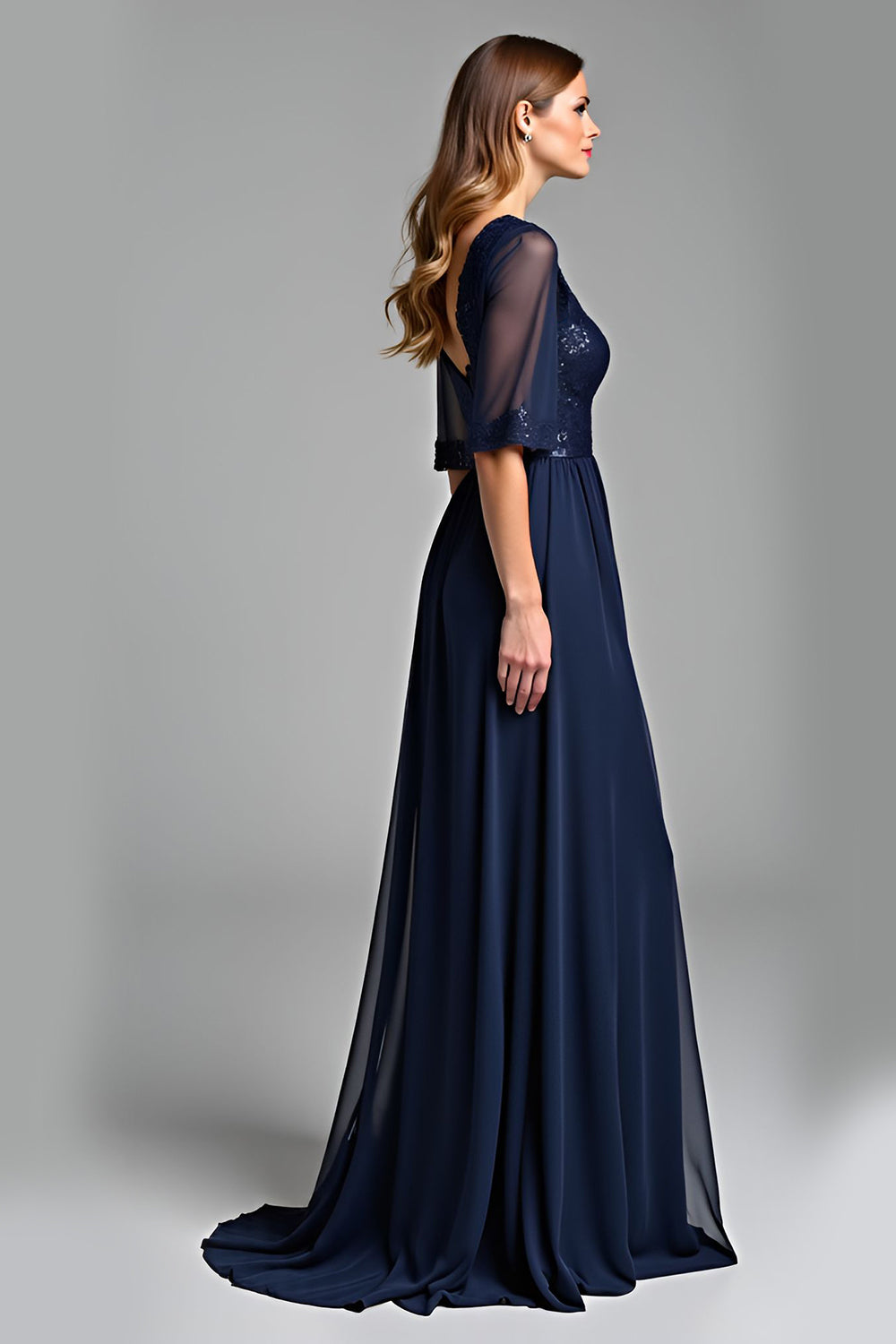 Navy A Line V Neck Long Mother Of The Bride Dress