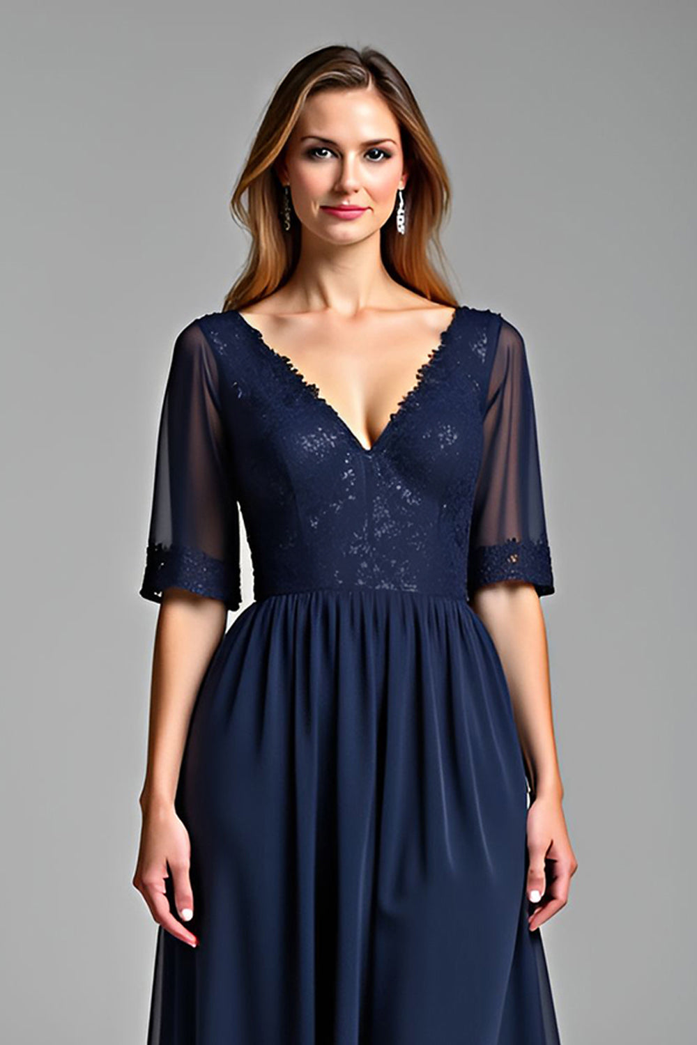 Navy A Line V Neck Long Mother Of The Bride Dress
