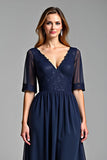Navy A Line V Neck Long Mother Of The Bride Dress