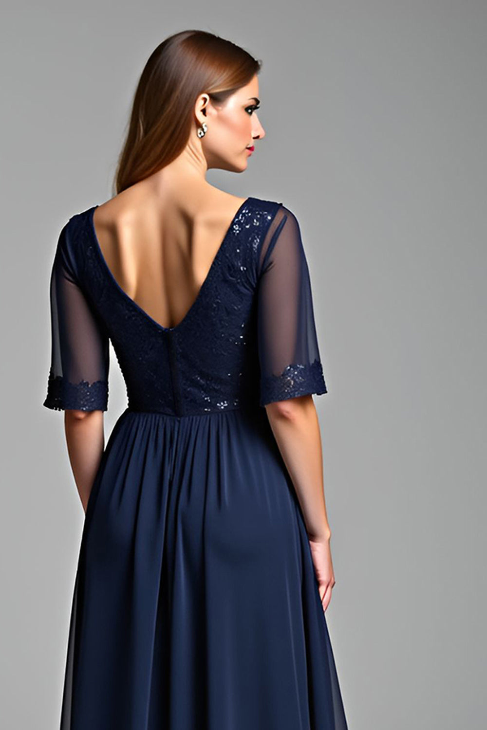 Navy A Line V Neck Long Mother Of The Bride Dress