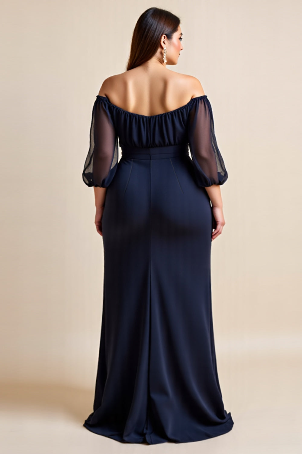 Off The Shoulder Navy Ruched Plus Size Mother Of The Bride Dress With Slit