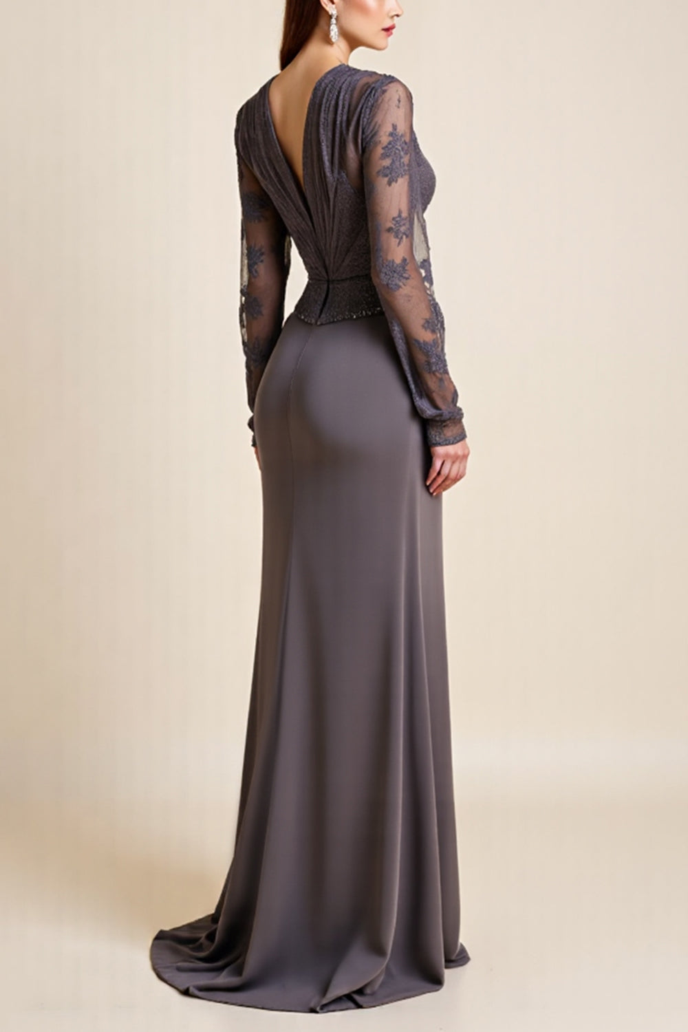 Long Sleeve Steel Grey Beaded Mother Of The Bride Dress