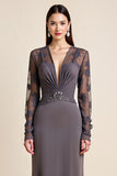 Long Sleeve Steel Grey Beaded Mother Of The Bride Dress