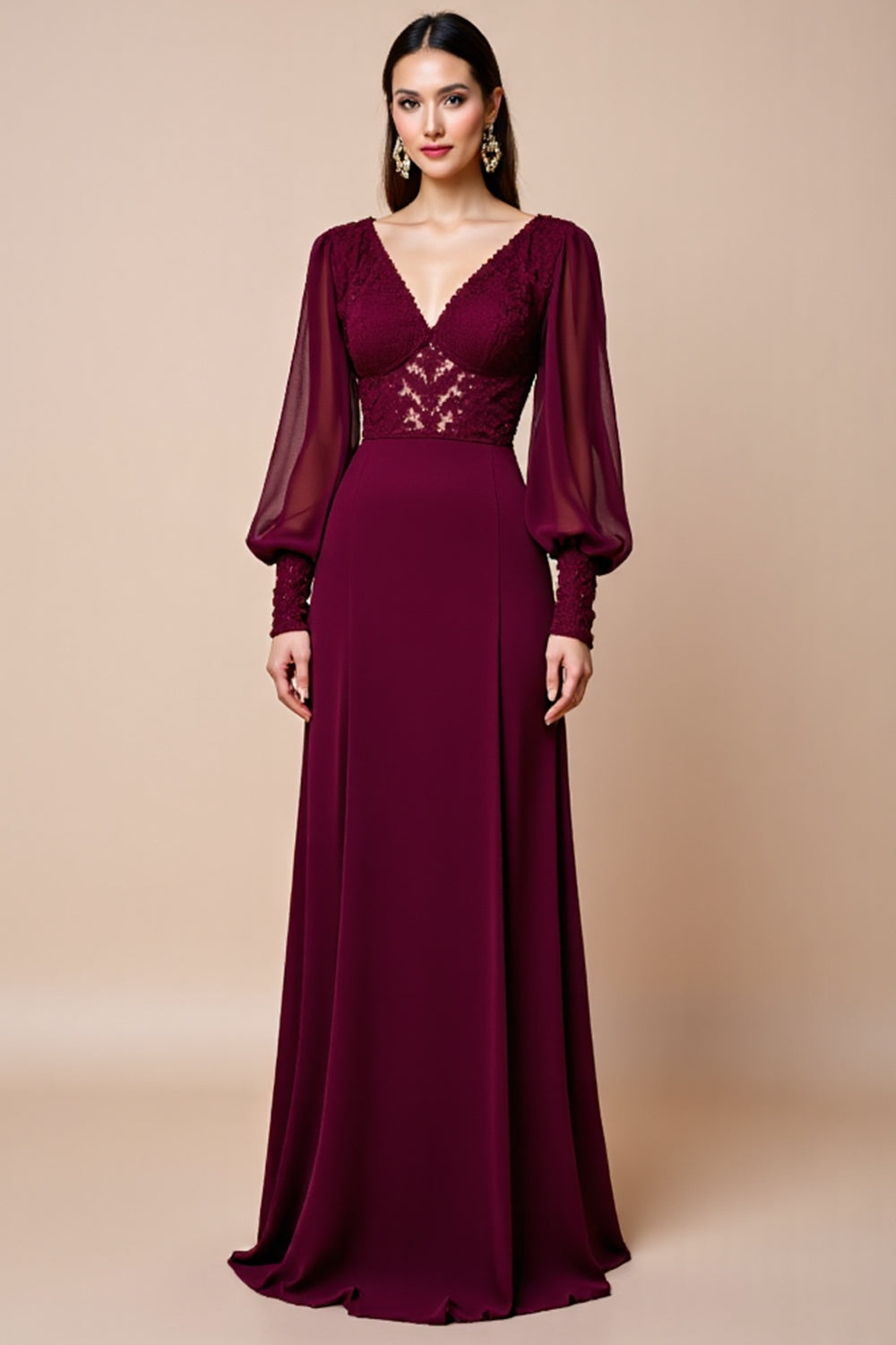 Long Sleeve Burgundy V Neck Mother Of The Bride Dress With Appliques