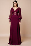Long Sleeve Burgundy V Neck Mother Of The Bride Dress With Appliques