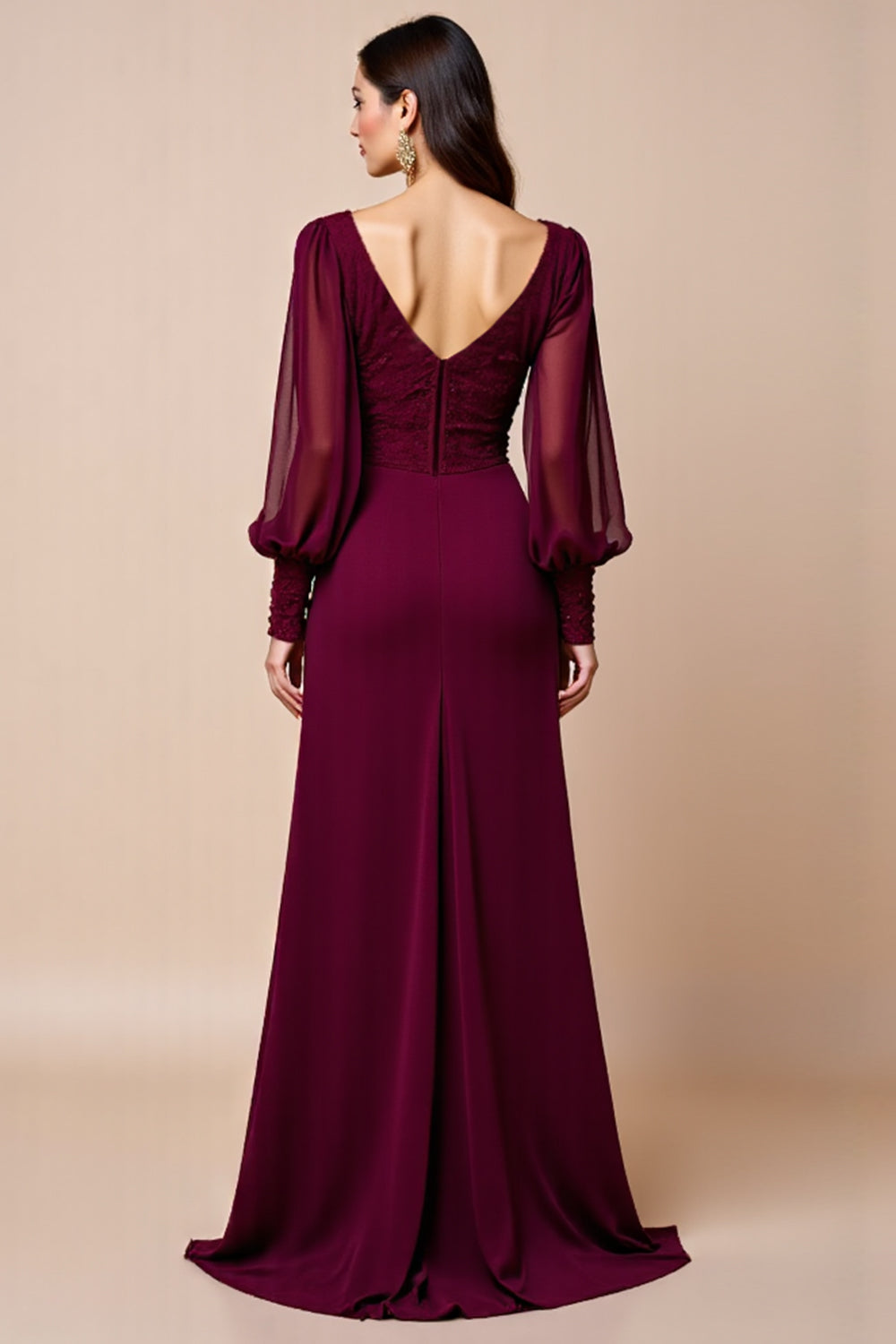Long Sleeve Burgundy V Neck Mother Of The Bride Dress With Appliques