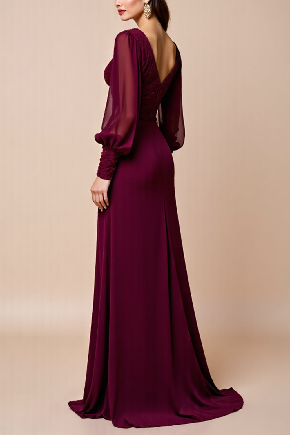 Long Sleeve Burgundy V Neck Mother Of The Bride Dress With Appliques