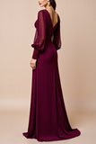 Long Sleeve Burgundy V Neck Mother Of The Bride Dress With Appliques