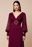 Long Sleeve Burgundy V Neck Mother Of The Bride Dress With Appliques
