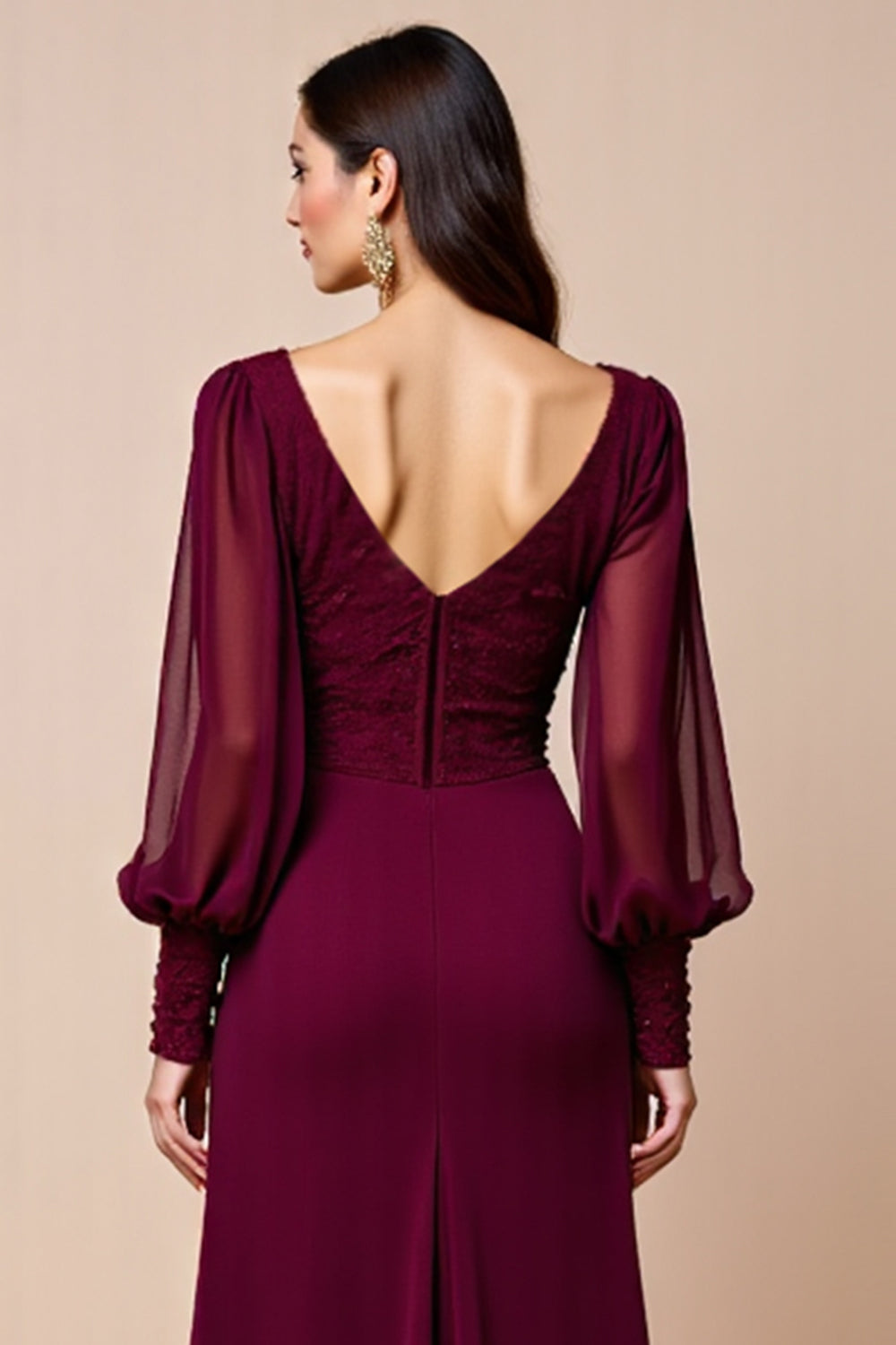 Long Sleeve Burgundy V Neck Mother Of The Bride Dress With Appliques
