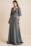 Steel Grey A Line Corset Long Mother Of The Bride Dress