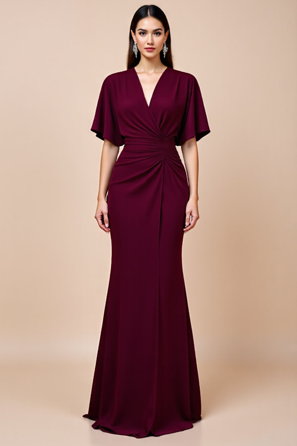 Burgundy Mermaid Flutter Sleeve Long Mother Of The Bride Dress