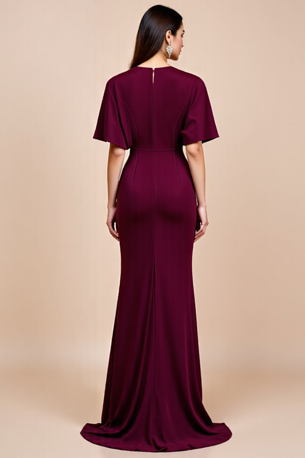 Burgundy Mermaid Flutter Sleeve Long Mother Of The Bride Dress