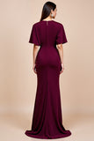 Burgundy Mermaid Flutter Sleeve Long Mother Of The Bride Dress