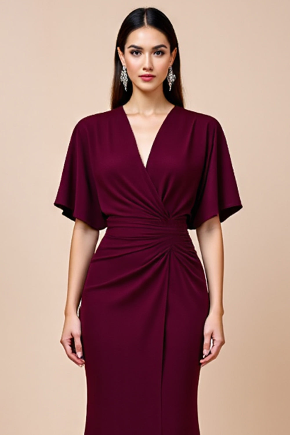 Burgundy Mermaid Flutter Sleeve Long Mother Of The Bride Dress