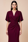 Burgundy Mermaid Flutter Sleeve Long Mother Of The Bride Dress
