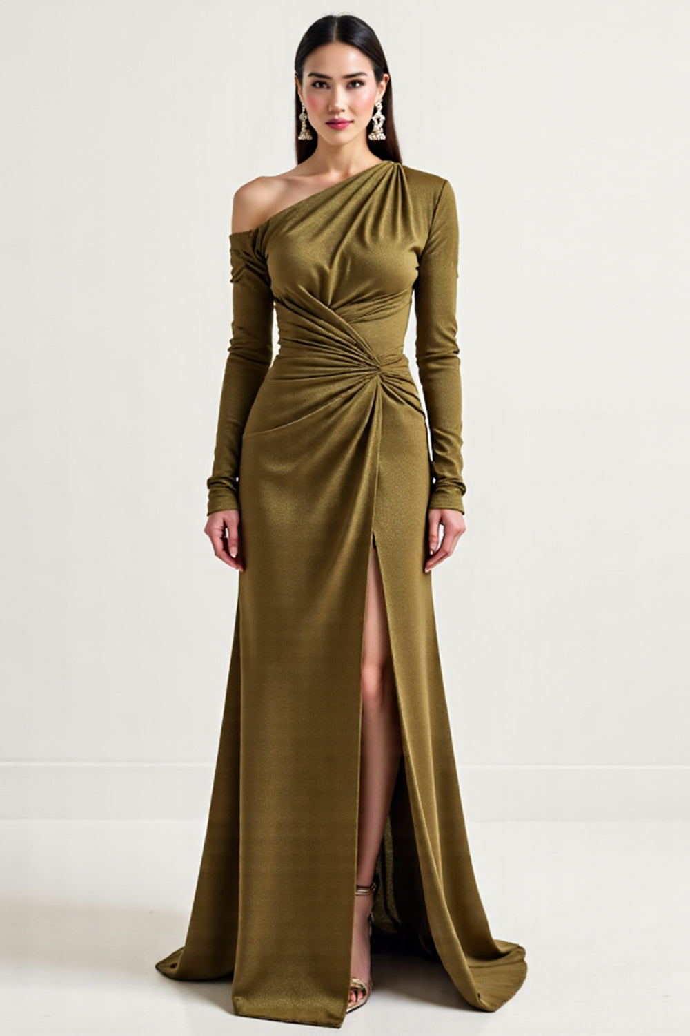 Long Sleeve Olive One Shoulder Mother Of The Bride Dress With Slit
