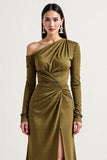 Long Sleeve Olive One Shoulder Mother Of The Bride Dress With Slit