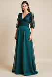 Blue A Line V Neck Long Mother Of The Bride Dress With Appliques