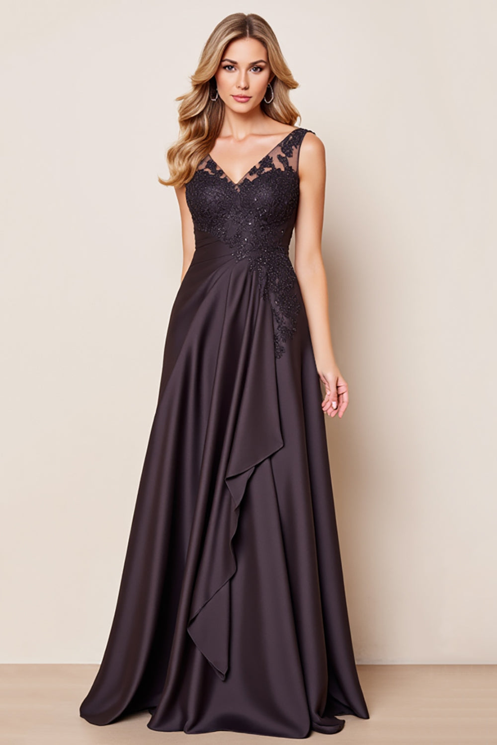 Black Satin Ruffled Long Mother of the Bride Dress with Lace