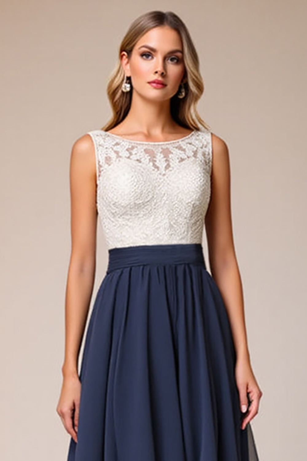 Chiffon High-Low A Line Lace Navy Wedding Guest Dress
