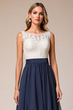Chiffon High-Low A Line Lace Navy Wedding Guest Dress