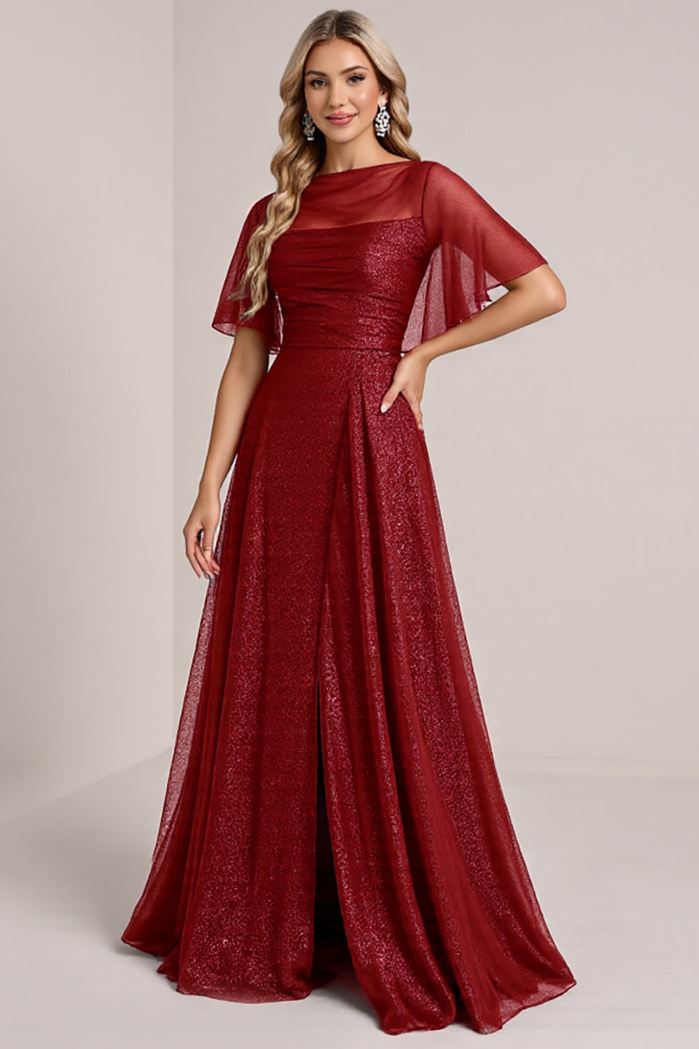 Glitter Burgundy A Line Bridesmaid Dress with Short Sleeves