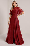 Glitter Burgundy A Line Bridesmaid Dress with Short Sleeves